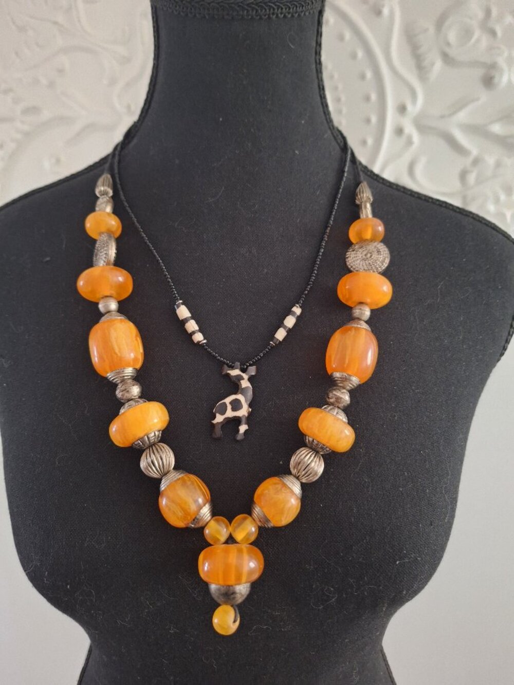 Resin Faux  Amber & Gilt Metal Bead  Tibetan and African Bone Giraffe